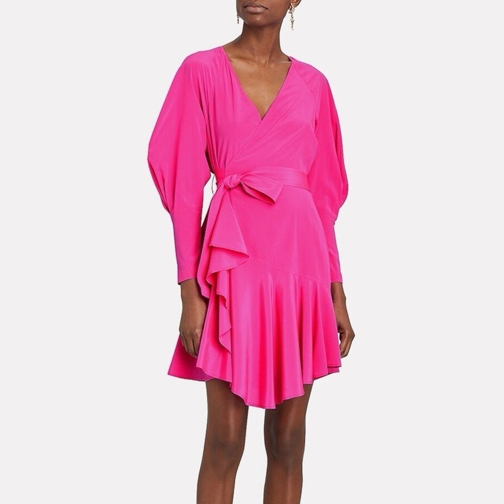ALC Hot Pink Silk Long Puff Sleeve Ruffle Wrap Mini Dress - US 2 / XS